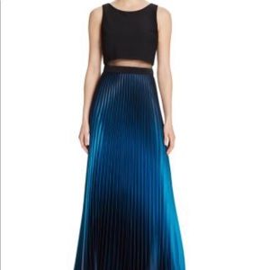 Pleated crop top gown With Black Top And Blue Ombre Dress Skirt
